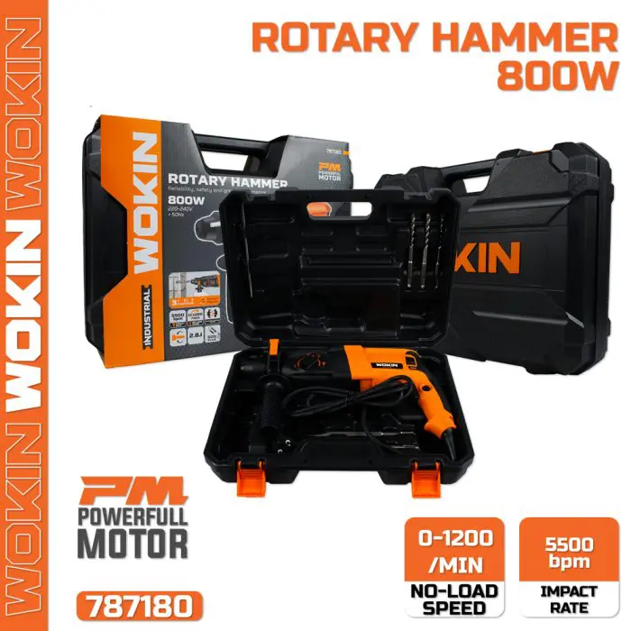 პერფორატორი Wokin 787180, 800W, 1200Rpm, ROTARY HAMMER(INDUSTRIAL) Black/Orange - Image 3