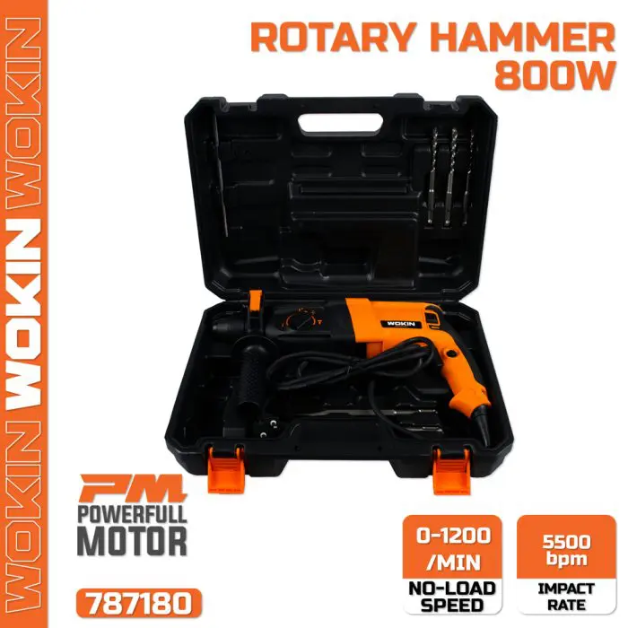 პერფორატორი Wokin 787180, 800W, 1200Rpm, ROTARY HAMMER(INDUSTRIAL) Black/Orange - Image 2