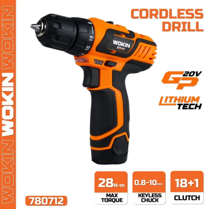 ელექტრო სახრახნისი Wokin 780712, 12V, 1400Rpm, Li-ion Cordless Drill, Black/Orange - Image 2