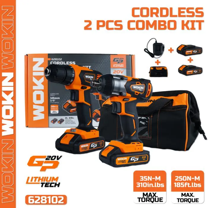 სახრახნისის და ქანჩის მოსახსნელის ნაკრები Wokin 628102, 1500Rpm, LI-ION CORDLESS 2-PC. COMBO KIT, Black/Orange - Image 4