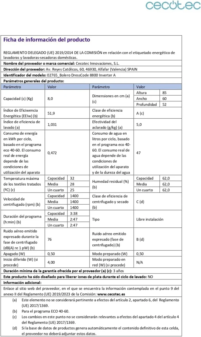 სარეცხი მანქანა Lavadora Bolero DressCode 8800 Inverter A - Image 2